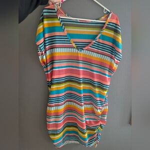 Striped V-Neck Women's Top in Coral, Teal & Yellow